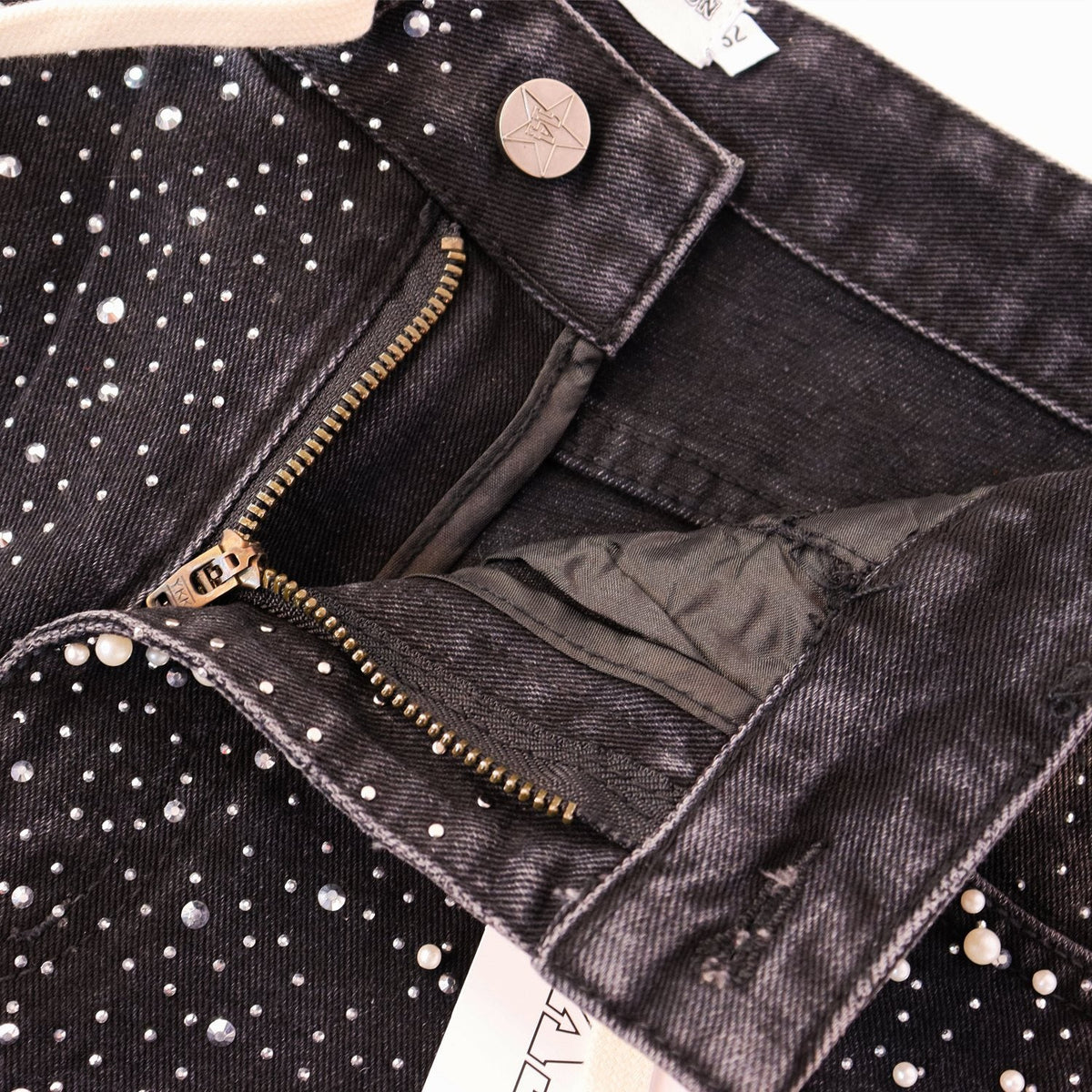 VALE Pearl-Studded Washed Denim Shorts — detail