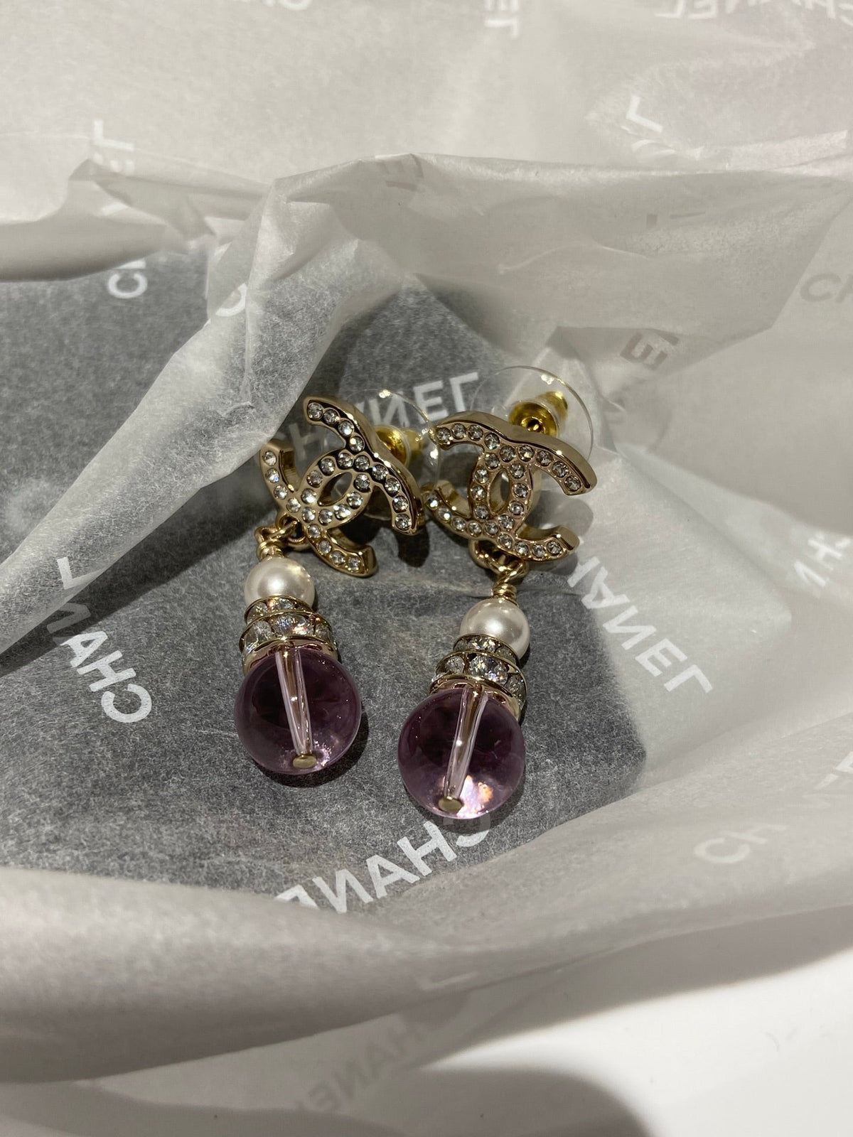 Chanel Pink Crystal Gold Pearl Earrings